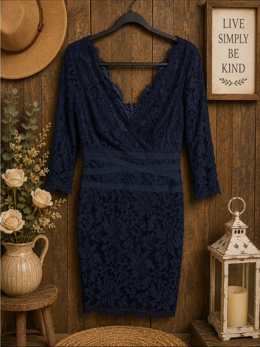 Tadashi Shoji Navy Blue Lace Midi Dress